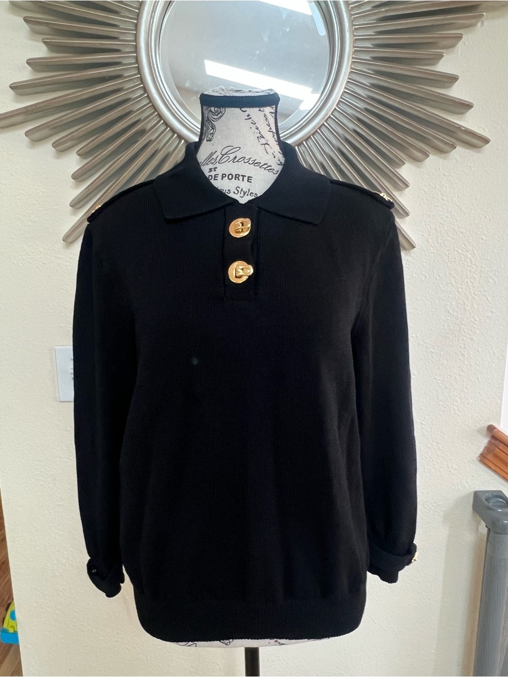 St. John Black Santana Knit Polo Sweater with Toggle Buttons